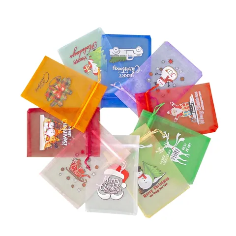 Organza Drawstring Bags Christmas Easter Theme Printed Jewelry Packaging Pouches Festive Gift Candy Storage Bags Small