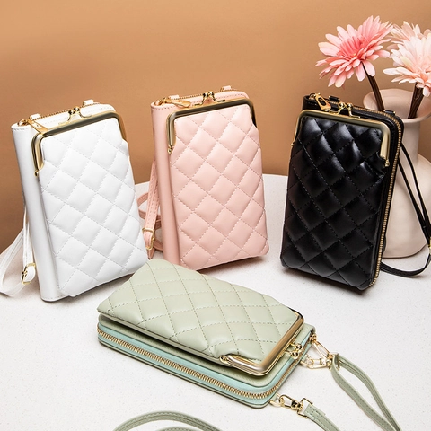Damen Gesteppte PU Leder Handy Umhängetasche Kiss Lock Portemonnaie Mit Kartenfächern Und Verstellbarem Riemen