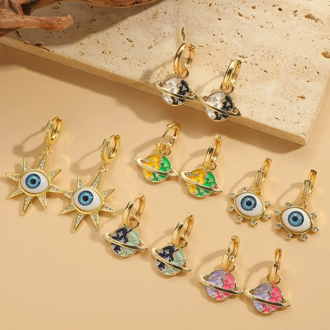 Pendientes Largos de Cobre Circonia Planeta Saturno Ojo Turco Para Mujer Esmalte Retro Estrella Joyería Celestial Accesorios Fiesta