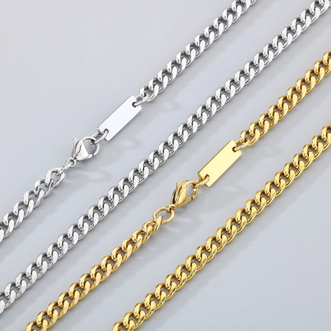 Collar Cadena Cubana Acero Inoxidable Oro 18K Con Colgante Placa Cuadrada Pequeña Joyería De Moda Para Hombre Mujer