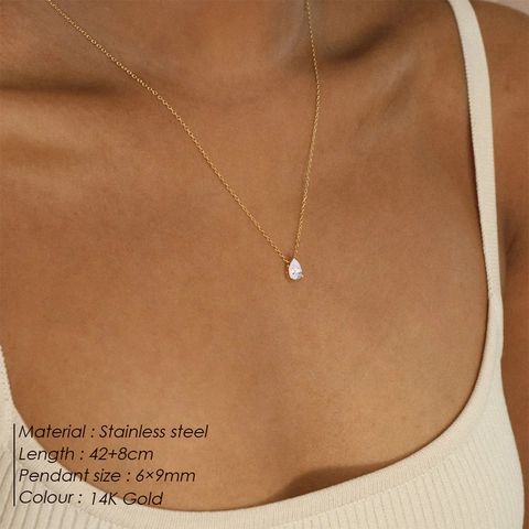 Minimalistische 316L Edelstahl 14K Vergoldete Geburtsstein Kette Elegante Wassertropfen Zirkonia Anhänger Halskette Für Damen Täglicher Modeschmuck