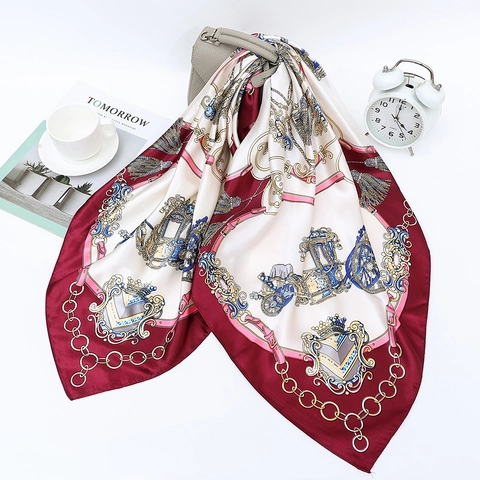 Satin Square Scarf Carriage Chain Print Luxury Head Wrap For Women