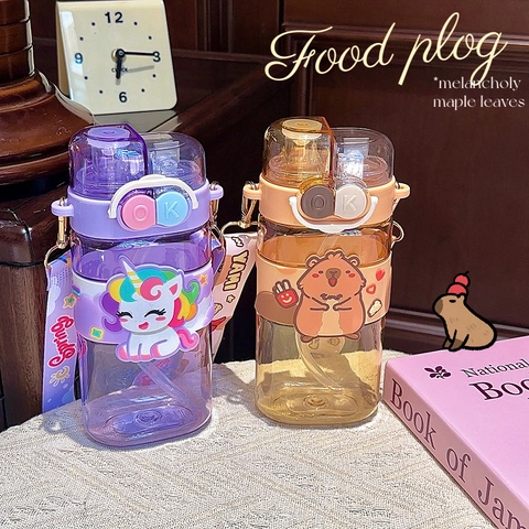 Portable Cartoon Capybara Water Bottle PC Plastic Leakproof Straw Cup With Adjustable Shoulder Strap For Kids Girls Students