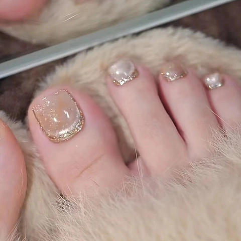 Franse Kattenoog Kunstnagels Voor Tenen Goud Champagne Glitter Afneembare Valse Teennagels Voor Vrouwen