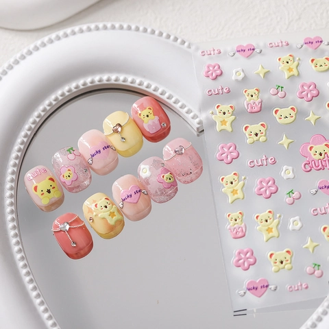 5D Relief Nail Art Stickers Cute Cartoon Bear Heart Flower Pattern Puffy Self Adhesive Manicure Decals For Girls