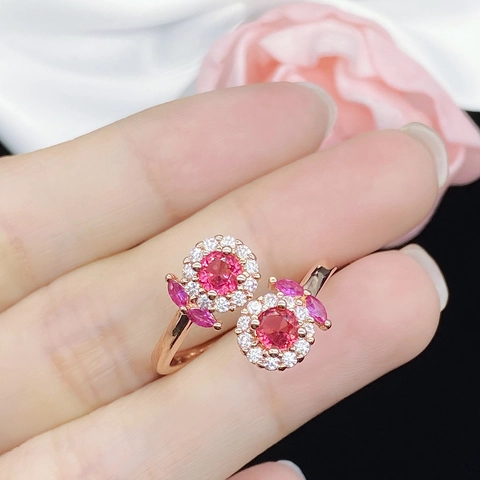 Anello In Rame Con Doppia Gemma Rossa Placcato Oro Rosa Regolabile Aperto Gioielli Da Donna Zirconia Cubica