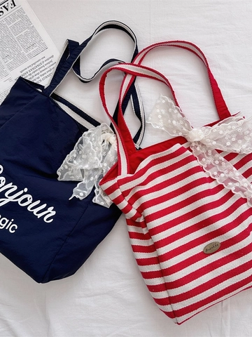 Sac Fourre-tout En Toile Rayée Grande Capacité Sac À Main Bandoulière Avec Décoration Noeud En Dentelle Pour Femmes Style Vintage