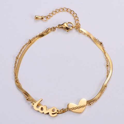 Bracciale A Doppio Strato In Acciaio Inossidabile 316L Con Pendenti A Cuore E Parola Love Gioielli Minimalisti Per Donna