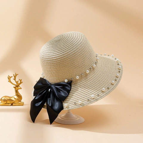Sombrero De Paja De Ala Ancha Con Lazo Grande Y Perlas Artificiales Mujeres Verano Playa Protección Solar Estilo Francés Elegante