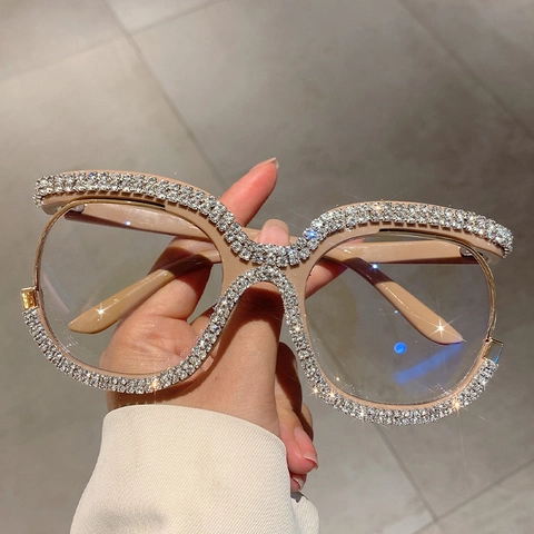 Oversized Anti Blue Light Glasses PC Frame Double Row Rhinestone Fashion Plain Eyewear Decorative Cat Eye For Women