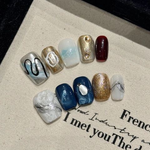 Ongles à Presser Faits Main Art Estompé Marbre Œil de Chat Bleu Rouge Foncé Or Champagne Carré Court Décoration Ongles