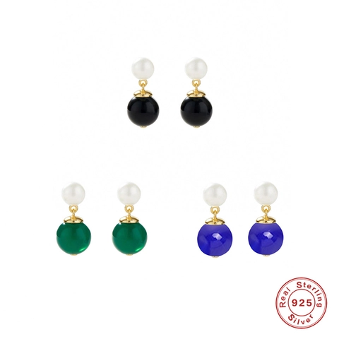 925 Sterling Silver Earring Post Pearl Chalcedony Drop Earrings Gold Plated Round Geometric French Jewelry For Women Gift
