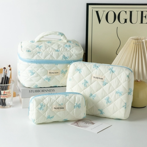 Quilted Cotton Cosmetic Bag Gingham Grid Bow Pattern Large Capacity Travel Toiletry Organizer With Handle For Women