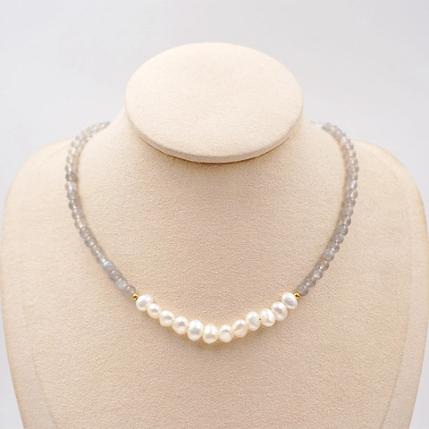 French Vintage Freshwater Pearl Gray Moonstone Necklace Bracelet Set Women 14K Gold Titanium Steel Retro