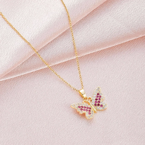 Schmetterling Anhänger Halskette Edelstahl Bunte Zirkonia Schlüsselbein Kette Schmuck Für Damen