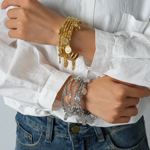Multi Layer Wavy Iron ABS Metal Bangle Bracelets With Retro Coin Pendants Bohemian Vintage Jewelry For Women