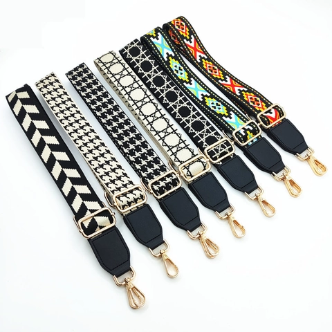 Wide Bag Strap Replacement Adjustable Shoulder Crossbody Belt Ethnic Geometric Pattern Polyester PU Leather Gold Buckle