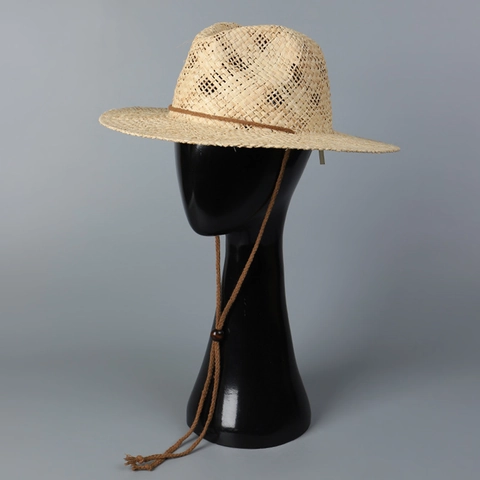 Women Natural Raffia Straw Fedora Hat Wide Brim Summer Beach Sun Protection Breathable Bohemian Jazz Hat With Chin Strap