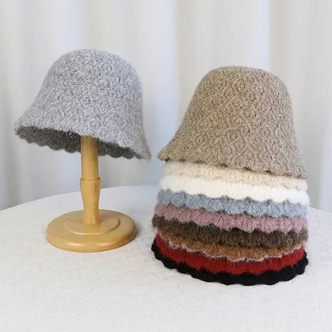 Women's Wool Blend Knit Bucket Hat Warm Plush Teddy Fur Wave Brim Solid Color Winter Windproof Fisherman Cloche Hat