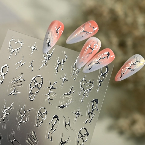 3D Nail Art Stickers Liquid Metal Silver Metallic Embossed Y2K Punk Star Heart Manicure Decals For Women DIY