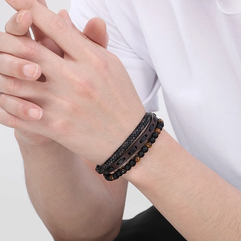 Bracciale Da Uomo Multistrato In Pelle Intrecciata Pietra Occhio Di Tigre Agata Nera Acciaio Inossidabile Chiusura Magnetica