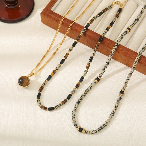 Collier Perles Pierre Naturelle Vintage Pour Femme Pendentif Oeil de Tigre Jaspe Moucheté Collier Cuivre Plaqué Or Multicouche Bijoux