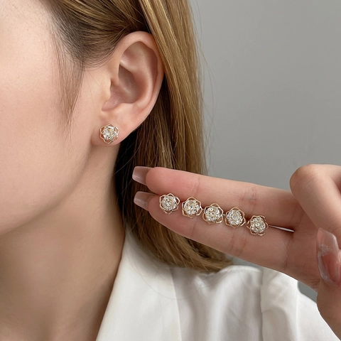 Eleganti Orecchini A Fiore Di Rosa Per Donna Design Cavo Con Strass In Zircone E Perno In Argento Sterling 925 Gioielli