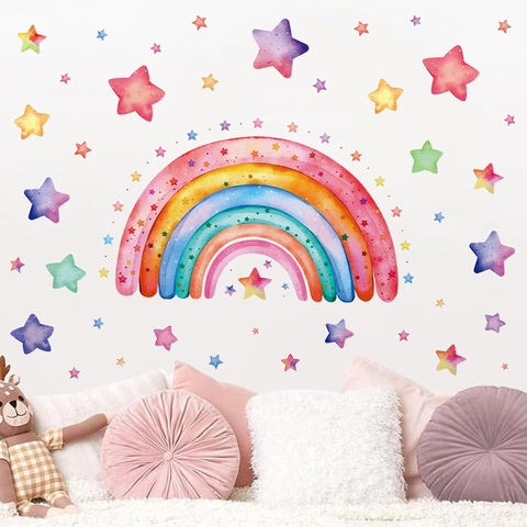 Sticker Mural Arc-En-Ciel Étoiles Aquarelle PVC Autocollant Décoratif Pour Chambre D'Enfant Chambre De Bébé Décoration