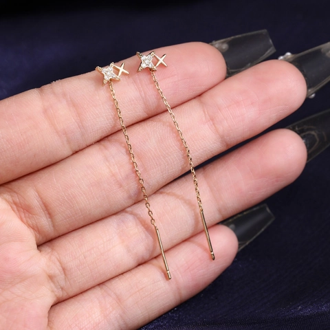 Orecchini A Filo Stella Rame Zirconia Con Perno In Argento Sterling 925 Catena Lunga Pendenti Eleganza