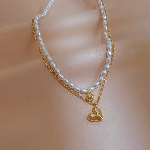 Doppelreihige Kupferhalskette Mit Künstliche Perle Und Gold Herz Anhänger Minimalistischer Eleganter Modeschmuck Für Damen