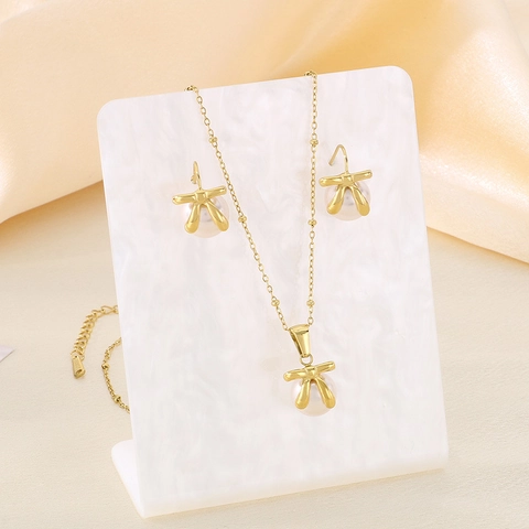 Set di Gioielli in Acciaio Inossidabile con Fiocco e Perla Artificiale Elegante Collana e Orecchini a Gancio per Donna