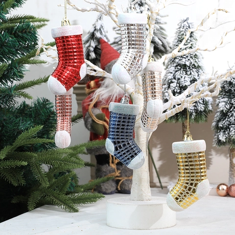 Christmas Stocking Hanging Ornaments Plastic Electroplated Glitter Grid Pattern Holiday Tree Decorations Festive Colorful