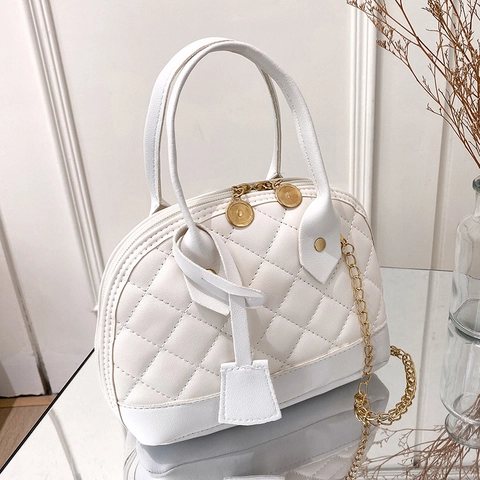 Women Quilted Rhombic PU Leather Crossbody Bag With Metal Chain Shell Shape Color Block Fashion Handbag Elegant Purse