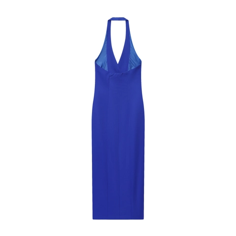 Halter Midi Jurk Double-breasted Rugloos Slim Fit Koningsblauw Elegant Avondfeest Geweven Polyester Formeel