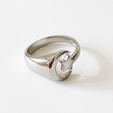 Moon And Star Open Ring 925 Sterling Silver Minimalist Geometric Adjustable Jewelry For Women