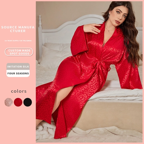 Vestaglia In Raso Jacquard Leopardato Da Donna Taglie Forti Maniche Lunghe Scollo A V Imitazione Raso Accappatoio Con Cintura