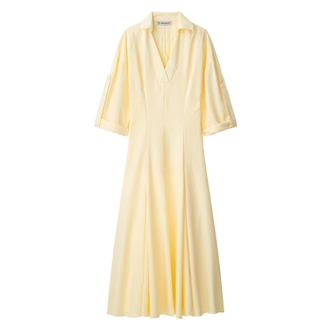 Vestido Camisero Maxi De Color Amarillo Pálido Liso Con Cuello En V Poliéster Mangas Ajustables Vestido Elegante De Oficina Para Mujer