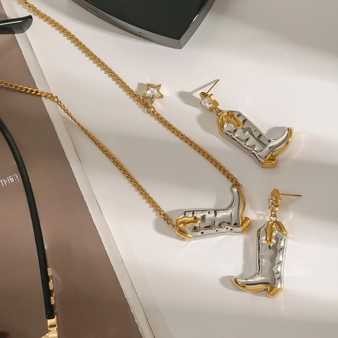Collar Pendientes Joyería Bota De Vaquero Acero Inoxidable Chapado En Oro 18K Bicolor Estrella Strass Mujer