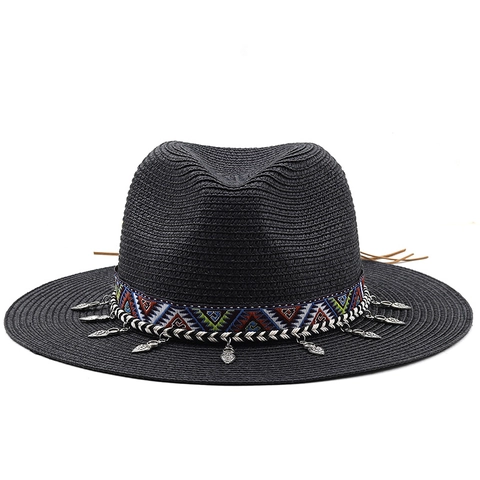 Cappello Paglia Fedora Donna Carta Protezione Solare Vacanze Mare Nastro Etnico Ciondoli Metallo Stile Boho