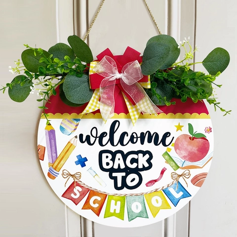 Welcome Back To School Round Wooden Door Sign Hanging Plaque With Artificial Greenery And Bow Classroom Decoration