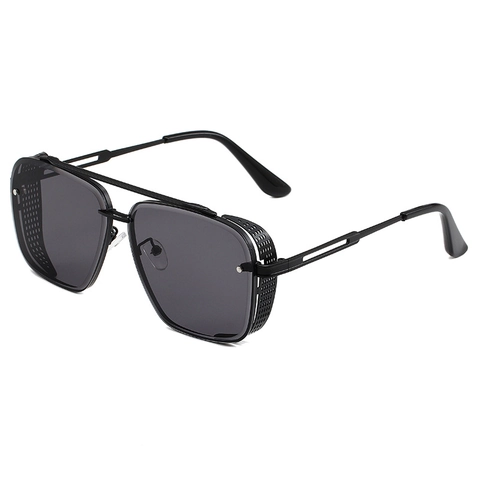Lunettes de Soleil Steampunk pour Hommes Femmes Monture Métal Verres PC Rétro Industriel Carré Double Pont avec Écrans Latéraux