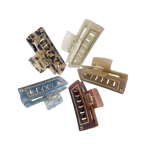 Rectangle Acetate Hair Claw Clip With Rhinestone And Metal D Letter Vintage Leopard Marble Pattern Shark Clip For Women
