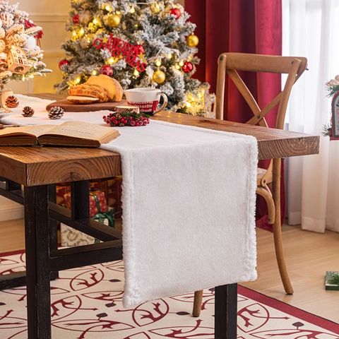 Chemin De Table En Peluche Blanche De Noël Fausse Fourrure Décoration De Maison D'Hiver Moderne Simple Doux Rectangulaire