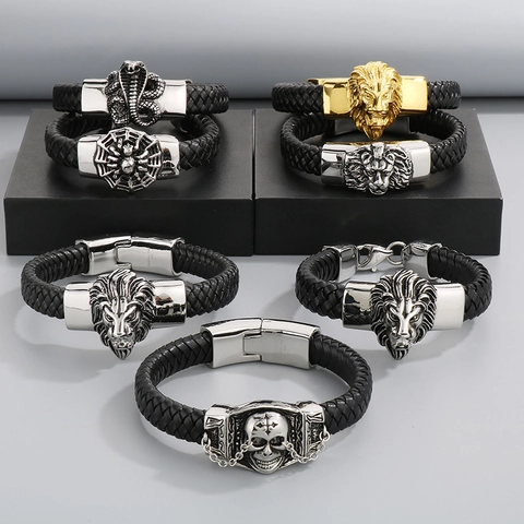 Bracciale Pelle Intrecciata Uomo Acciaio Inossidabile Testa Leone Teschio Cobra Stile Punk Rock Gioielli Biker Maschile Accessorio