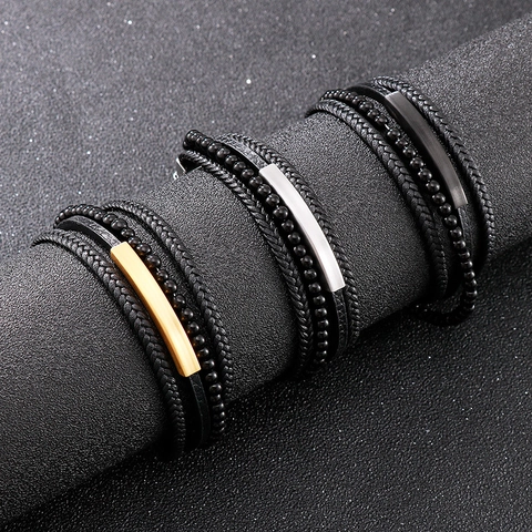 Herren Mehrschichtiges Armband Geflochtenes PU Leder Edelstahl Magnetschnalle Geometrische Perlen Retro Punk Armreif