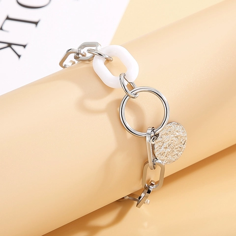 Stainless Steel Chain Bracelet With White Resin Link And Hammered Round Pendant Geometric Retro Style For Women