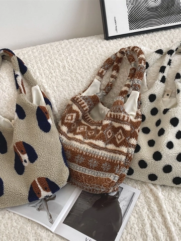 Sac À Main Fourre-tout En Peluche Pour Femmes Sherpa Doux Grande Capacité Sac À Épaule Hiver Pois Chien Géométrique