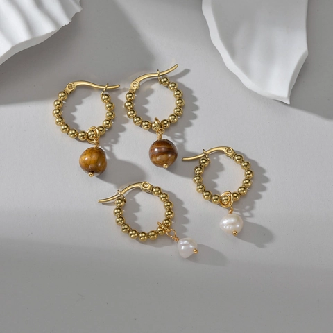 Französische Vintage Hoop Drop Ohrringe Edelstahl 14K Vergoldet Mit Tigerauge Stein Und Künstliche Perle Für Frauen Retro Nischenschmuck