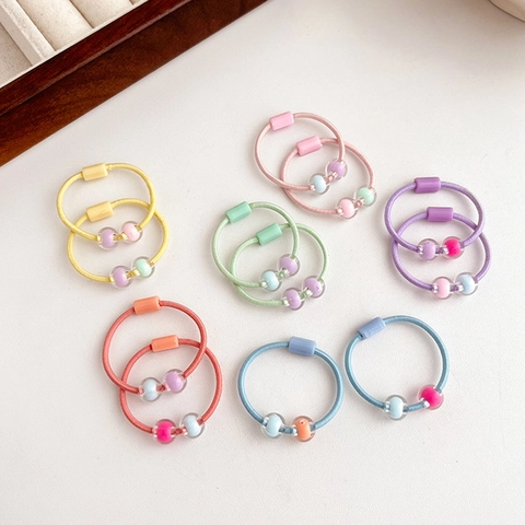 Kids Hair Ties High Elastic Candy Color Nylon Ponytail Holders With Acrylic Colorful Beads For Little Girls