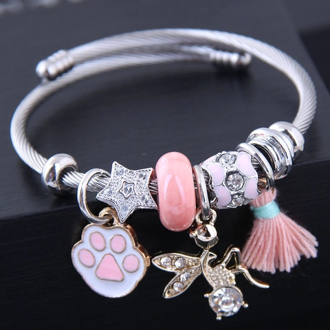 Stainless Steel Alloy Rhinestone Charm Bracelet Adjustable Wire Rope With Cat Paw Dragonfly Tassel Fashion Jewelry For Women